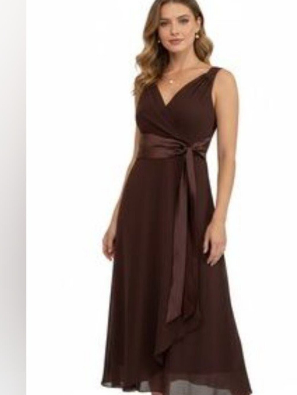 Elegant Brown V-Neck Sleeveless Wrap Dress #Vintages #Y2K